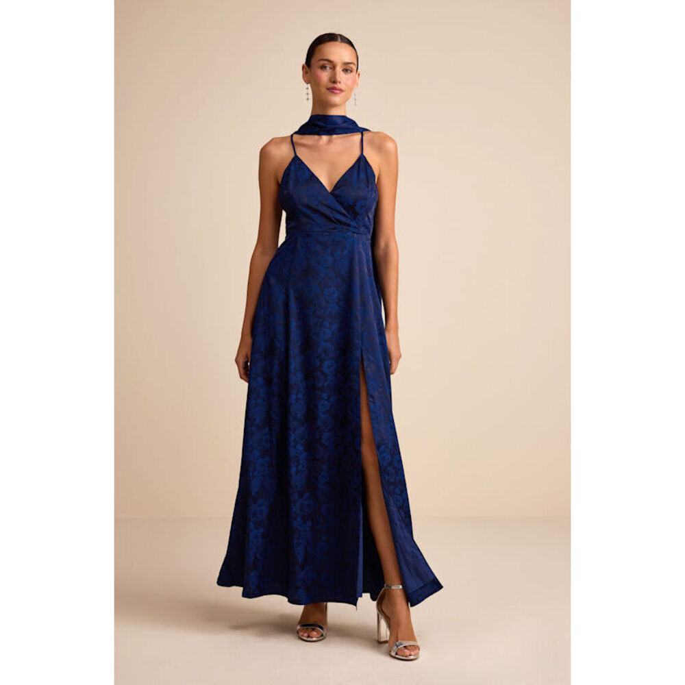 Lulus Mahira Navy Satin Jacquard Surplice Sash Scarf Maxi Dress Blue - Size XL